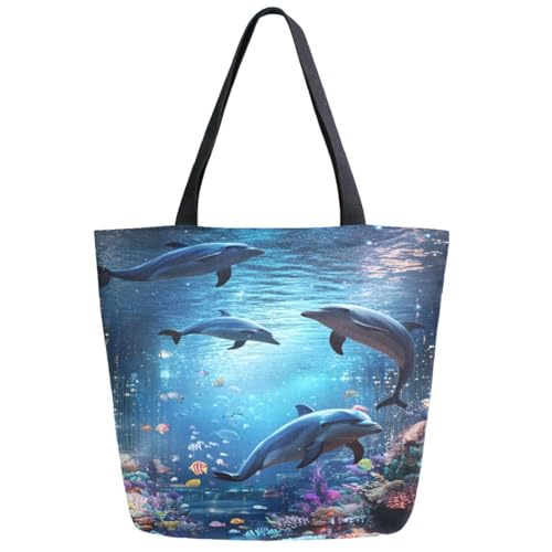 ZzWwR Fashion Extra Large Shoulder Tote Bag, 3d Beautiful Ocean Coral Fishes Dolphins Canvas Durable Daily Weekender Handle Bag Ideal for Gym Picnic Yoga Beach Travel Kitchen Market Grocery Shopping