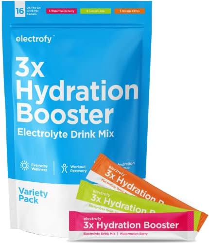 ELECTROFY 3X Hydration Booster | Hydration Multiplier Electrolyte Drink Powder Stick Packets Recovery Mix | Keto + Paleo Friendly, Vegan, Gluten Free, Soy Free Dairy Free (Variety, 16 Pack)