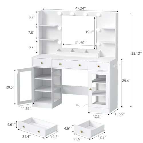 Image of HUANLEGO Vanity Desk with Mirror and Lights, Large Makeup Vanity Set with Power Outlet & RGB Glass Cabinet, 3 Drawers, White Vanity Mirror with Lights Dressing Table for Girls Women, 3 Color Modes