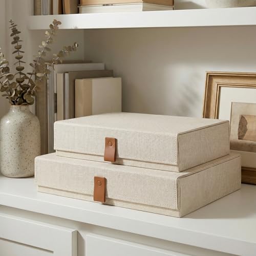 Decorative Photo Storage Boxes with Lids - Set of 2 Beautiful Linen Organizers Are Perfect to Safely Store Your Pictures, Documents, Scrapbooking Supplies, Keepsakes and Other Memories in Style