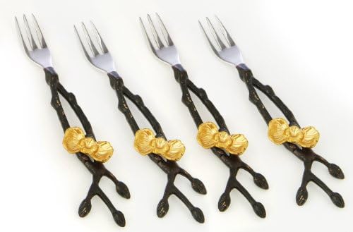 TWO TONE HAMMERED STAINLESS STEEL SET OF FOUR FORKS W BRASS GOLD ORCHID 6"