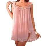 WWAYBEI Lace Trim Sheer babydoll Lingerie Dress for Women Chiffon See Through Nightgown Babydoll Lingerie Dress with Brief (Pink, S)