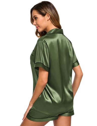 Image of SWOMOG Womens Silk Satin Pajamas Set Short Sleeve Sleepwear Button Down Top and Shorts Loungewear 2 Piece Pjs Set XS-3XL