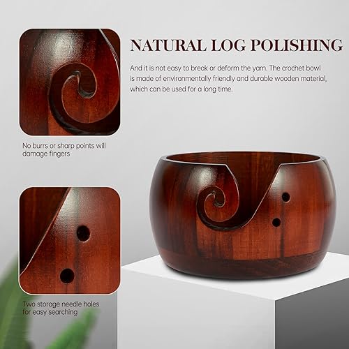 Image of Wooden Yarn Bowl with Lid, 6in Round Knitting Yarn Holder Bowl with Carved Holes,Crochet Bowl for Yarn,Pine Wood Weaving Thread Bowl, Yarn Storage Bowl for Crocheting Accessories (Dark color