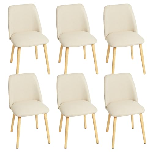 Goeurvant Chaises de Salle à Manger Lot de 6, Chaises Fauteuil en Lin avec Pieds en Bois et Dossier pour Salon, Cuisine et Bureau, Crème