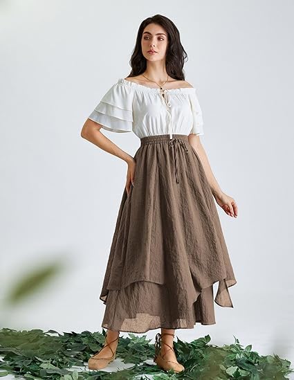 Maxi Skirts for Women High Waist Renaissance Skirt Long Skirt with Pockets Beige2