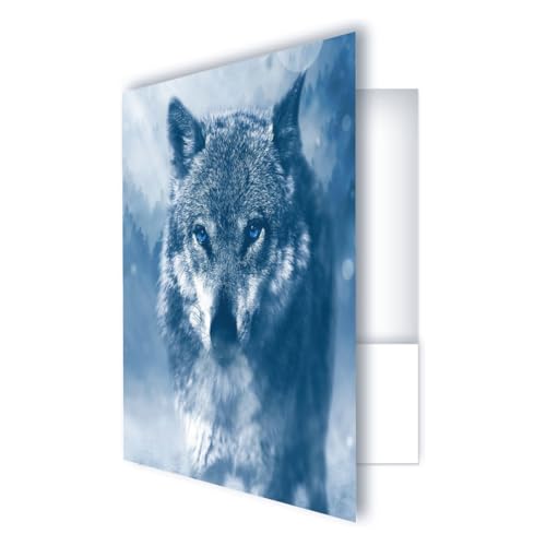 Pocket Folders, Full Color Printed with Pockets, Thick Presentation Folder – for School, Business & Events - 5 Pack (Wolf Blue Eyes Snow)