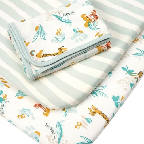 Tutti Bambini Bedside Crib Starter Pack | 2 Crib Fitted Sheets with an Interlock Coverlet 100% Organic Cotton Fits 53x80cm to 60x90cm Mattresses | Run Wild