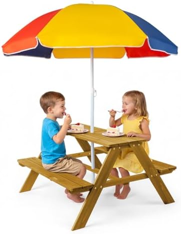 Bonnlo Kids Picnic Table, Solid Fir Wood Outdoor Furniture with Built-in Umbrella Hole, Weather-Resistant Wooden Activity Table for Backyard, Patio, Garden, Camping & Parks (Natural)