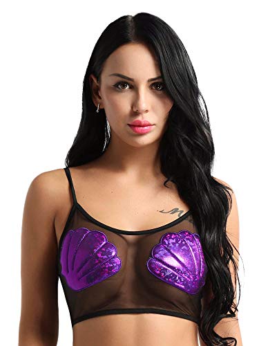 FEESHOW Women's Sheer Mesh Mermaid Sea Shell Bra Top Workout Yoga Camisole Crop Top Black Large