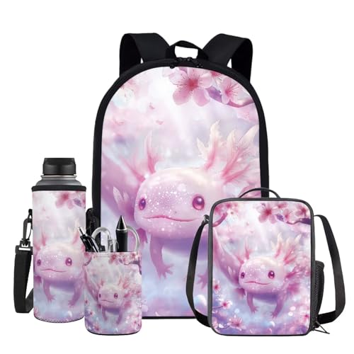 Cherry Blossom Axolotl backpack for Girls Kids Backpack with Lunch Box Water Bottle Holder and Pen Holder 4PCS Bookbag Set for Teen Girls 17