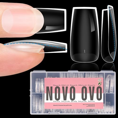 NOVO OVO Extra Thick Square Nail Tips Press on Natural Curve, Medium Soak Off Soft Gel Fake Nail Extension, Full Cover Matte Cuticle False Nails for Acrylic French, Salon DIY x 14 Sizes 336 pcs