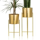 kimisty Set 2 Brass Gold Planters with Stand, 7 Inch Diameter Planter Pots with Stands, Modern Flowe