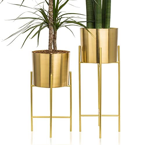 Kimisty Set 2 Brass Gold Planters With Stand, 7 Inch Diameter Planter Pots With Stands, Modern Flower Pot, Mid Century Living Room Decor For Orchid, Aloe, Large Cactus Plants, 7 Inches Diameter #TOP7