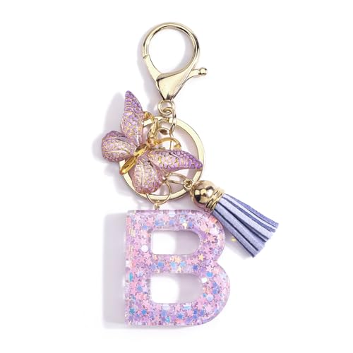 Gallkeat Schlüsselanhänger mit Buchstabe, Schmetterling Anhänger, Quaste Pailletten Frauen Schlüsselanhänger Geschenk, Mädchen Geburtstagsgeschenk, Lila