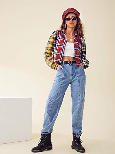 Sweatyrocks Women's Cute Color Block Long Sleeve Plaid Crop Top Button Down Blouse Shirt Multicolor S #TOP4