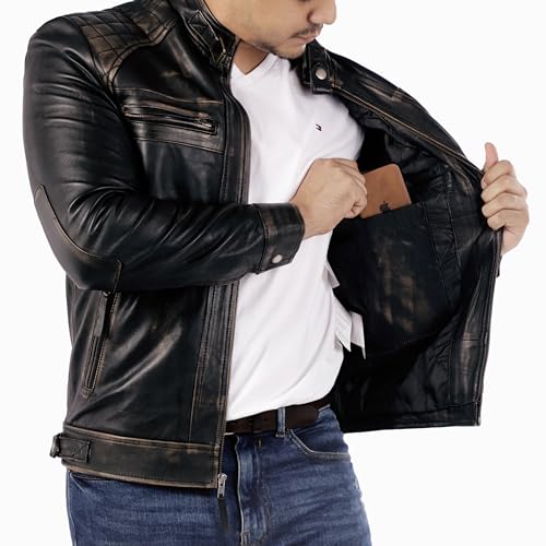 Image of Jild Signature Diamond Style Lambskin Leather Jacket Men - Premium Leather Cafe Racer Vintage Look Motorcycle Jacket Men