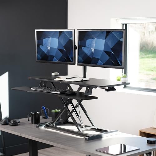 Image of VIVO Height Adjustable 42 inch Standing Desk Converter with Dual 13 to 30 inch Monitor Stand, Sit Stand Monitor Mount and Desk Riser, Black, DESK-V042KB-M2