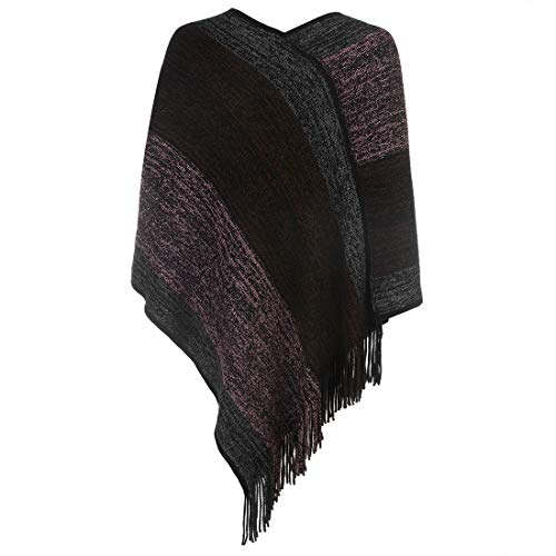 Image of Women's Elegant Knitted Shawl Poncho with Fringed V-Neck Striped Sweater Pullover Cape Gifts for Women Mom