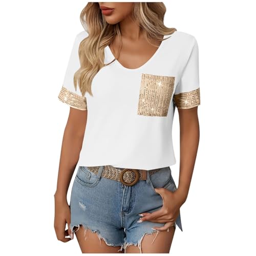 Camiseta Mujer Manga Corta Escote En V con Delantero Y Detalles De Lentejuelas Casual Diario 2XL