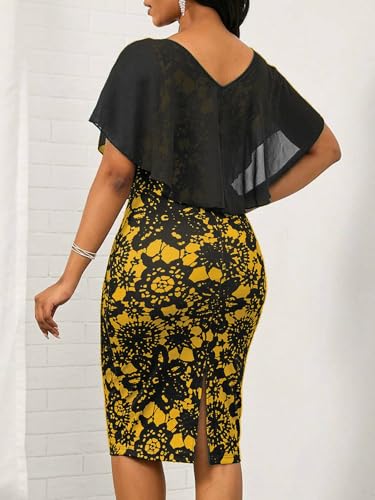 Yajedo Womens Retro Bodycon Midi Dresses Sexy Mesh Lace Cape Sleeve V Neck Print Work Church Pencil Dress2