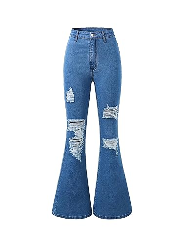 SHENHE Girl's Ripped Bell Bottom Zipper Jeans Distressed Flare Denim Pants