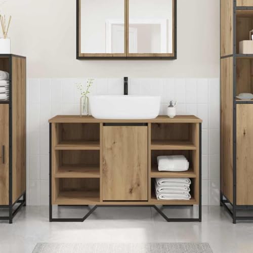 SooIarix Mueble bajo lavabo de roble Artisan, 91 x 35 x 60 cm, de madera resistente, con 6 estantes y puerta, ideal para baño y aseo de invitados