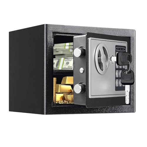 Safe Box Electronic Safe Box with Keypad & Keys Small Money safe Box for Home Mini Safe for Kids Electronic Security Money Safe for Cash Lock Box with Code Keys 0.23 Cubic Feet Black