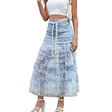 Ypser Boho Long Denim Skirt Tiered Ruffle Mesh Tulle Patchwork Midi Jean Skirts Blue
