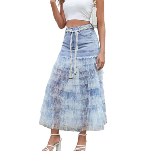 Ypser Boho Long Denim Skirt Tiered Ruffle Mesh Tulle Patchwork Midi Jean Skirts