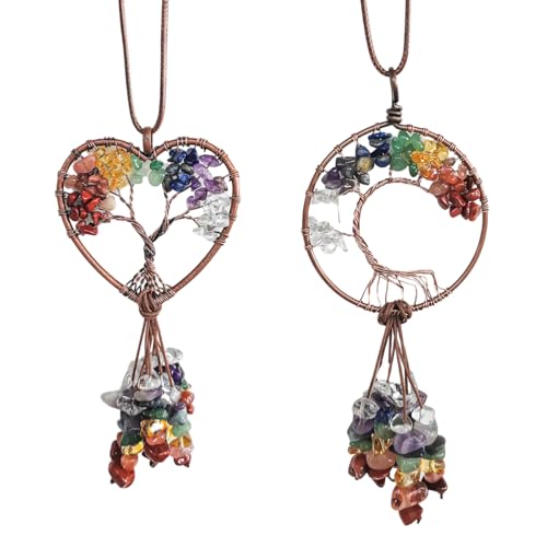 MUQIDA 2PCS Tree of Life Car Mirror Hanging Accessories, 7 Chakra Stones Life Tree Rearview Mirror Hanger, Automotive Healing Crystal Decor Good Luck Charm Gifts for Women Men
