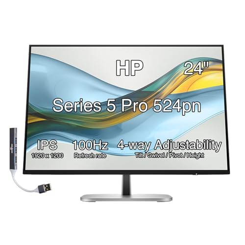 Image of HP Series 5 Pro 24 inch 100Hz WUXGA IPS Monitor Adjustable Tilt, Swivel, Pivot | Anti Glare, Flicker Free, VESA Mount (100mm) & Dockztorm USB Port Expander, Black /Silver (9D9A7AA#ABA)