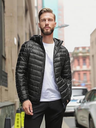 MOGU Men's Down Puffer Jacket with Hood – Lightweight Packable Winter Coat for Travel, Hiking, Casual Wear2