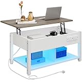 YITAHOME Lift-Top Coffee Table, Easy Adjustable Height with Hidden Storage, Rectangular Coffee Table with 2-Tier Storage, Power Outlets, Multi-Color LED Lighting for Living Room, White and Grey