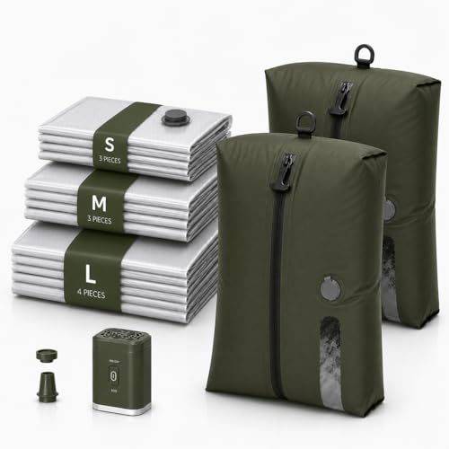 12 Pack Travel Vacuum Bags with Rechargeable Pump, 10 Clear PA and PE Compression Bags and 2 Green 18L TPU Pouches, Space Saver Vacuum Storage Bags for Camping, Beach, Travel and Home