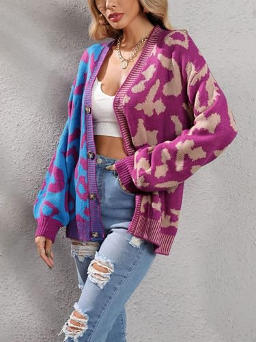 Image of TERIVEEK Leopard Cardigan for Women Oversized Color Block Checkered Sweater Button Front Long Sleeve Casual Knit Outwear