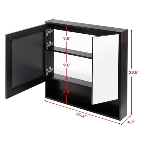 ALIMORDEN Medicine Cabinet with Mirror and Shelves, Bathroom Wood Wall Cabinet Over The Toilet, Vanity, (No Back Board), Recessed or Surface Mount, 30.07 Inch x 30 Inch, Black - Thumbnail 3