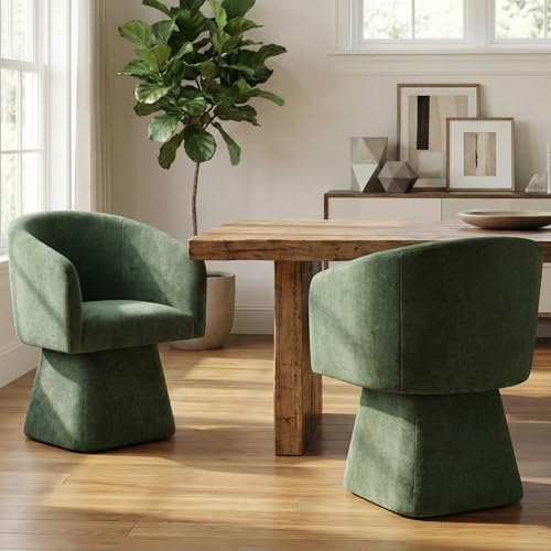 Image of VKNOW Upholstered Swivel Dining Chair with Barrel Back and Armrests | Modern Accent Arm Chair with Thickened Cushion, Soft Chenille Fabric, for Dining Room, Living Room, Vanity, Green