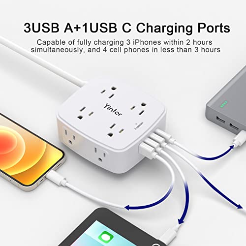 USB Power Bar Extension Cord - Yintar 6Ft Surge Protector Power Strip with 8 Outlets and 4 USB Ports(3U1C), 3 Side Outlet Extender for Home, Office, Dorm Essentials, ETL Listed, Wh image 5