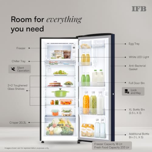 Image of IFB 251L 4 Star Advanced Inverter Direct-Cool Single Door Refrigerator with 30 Hrs Cooling Retention, XL Bottle Bin, Big Vegetable Box & 4 Year Super Warranty (2026,IFBDC-277DYBAE,Sapphire Dream Blue)