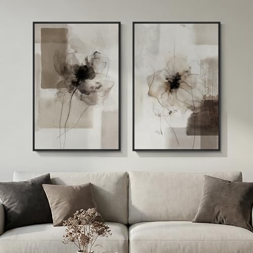Framed Neutral Abstract Floral Wall Art for Living Room, Set