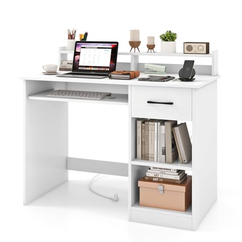 LIFEZEAL Bureau Ordinateur avec Etagères Ouvertes, Tiroir, Station de Recharge Intégrée, Table PC avec Plateau pour Clavier, Etagère Réglable à 5 Positions, 105x55x89 cm (Blanc)