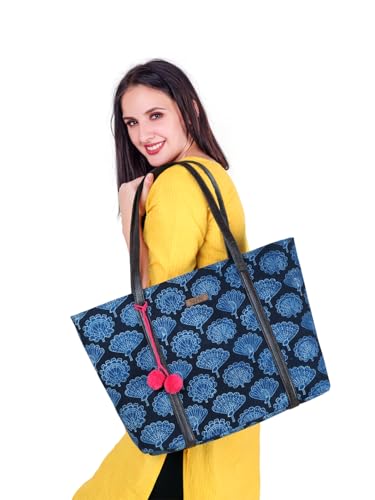 Image of NEPRI Oversized Office Tote Bag | Stylish Tote Bags | Purse for Women | Vegan Leather & Hanblock Printed Fabric Handbag with Double Handle Shoulder Strap| Daily & Travel Use