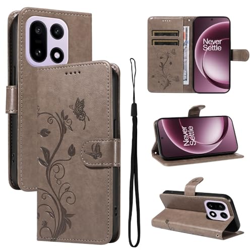 Étui Oppo Reno 12 5G gris avec rabat magnétique et fentes pour cartes motif arbre