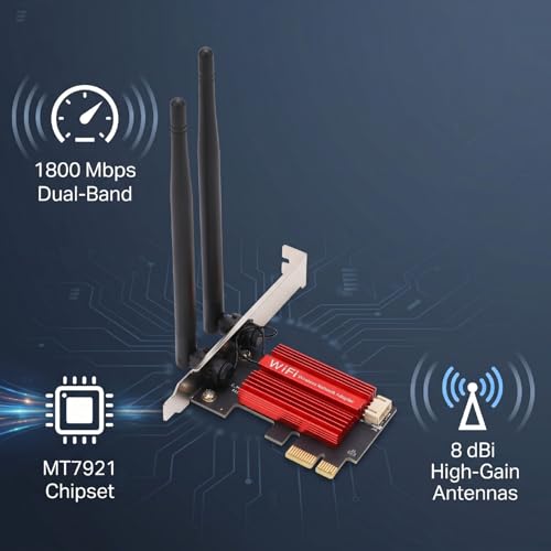 Bewinner WiFi 6E PCIe Tarjeta de Red Inalámbrica, Bluetooth 5.2, Dual Band 1800Mbps, Chip MT7921, para Computadora de Escritorio, con Antenas de 8dBi miniatura 2