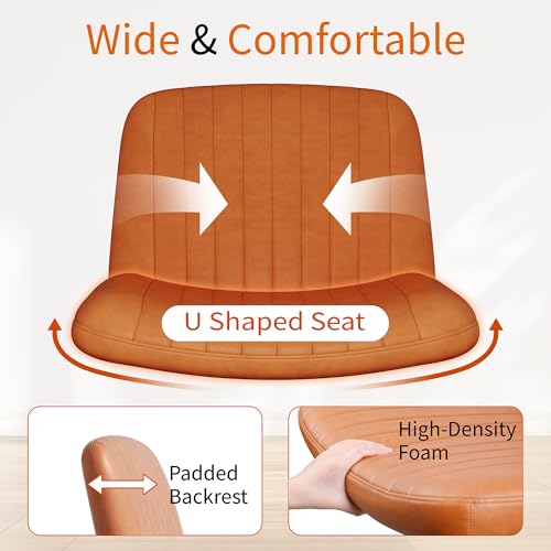 Image of Criss Cross Chair with Wheels, Cross Legged Office Chair, Armless Office Chairs Adjustable Height Swivel Tilting Vanity Chairs for Home Bedroom (PU Leather, Orange)