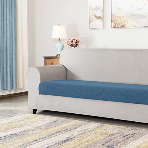 Image of CHUN YI Stretch Couch Cushion Cover, Fitted Loveseat Sofa Chair Seat Slipcover Furniture Protector, Checks Spandex Jacquard Fabric(Large,Denim Blue)