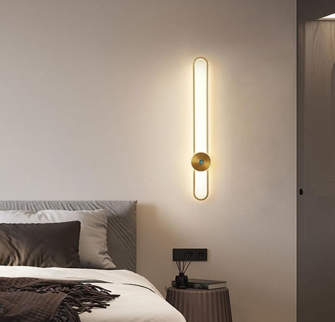 Image of Modern 600mm All-Copper LED Tube Wall Light Elegant Long Wall Fixture for Bedroom & Living Room-Warm White, Natural White, Cool White (Gold with Center-Lens Base)