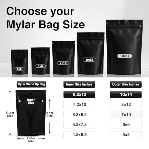 Image of BELLE KR 100pcs 1 Gallon Black Mylar Bags with Gusseted Bottom - Extra Thick 4.72 Mil - 10 inchx14 inch Resealable Stand Up Mylar Ziplock Bags with Label Stickers