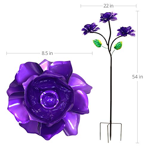 Exhart Three Purple Roses Wind Spinner Garden Stake - Rose Flower Spinners Hand Painted in Metallic Purple & Green Colors - Fade-Resistant Metal Rose Pinwheels - Kinetic Art Flower Décor 20"L x 54"H - Thumbnail 3